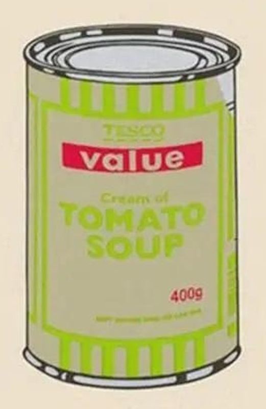 Banksy, Soup Can, 2005, screenprint, sage, lime and cherry: a Tesco Value cream of tomato soup can, after Warhol's Campbell's Soup