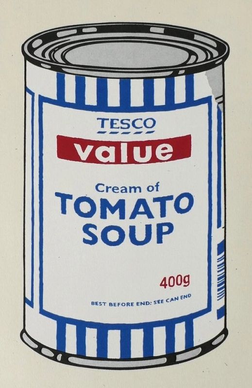 Banksy, Soup Can, 2005, screenprint, unsigned edition: a Tesco Value cream of tomato soup can, after Warhol's Campbell's Soup