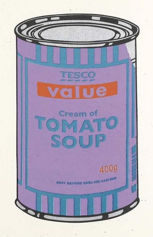 Banksy, Soup Can, 2005, screenprint, violet, blue and tan: a Tesco Value cream of tomato soup can, after Warhol's Campbell's Soup
