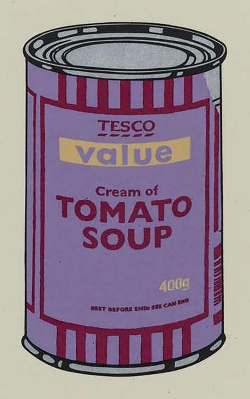 Banksy, Soup Can, 2005, screenprint, violet, cherry and beige: a Tesco Value cream of tomato soup can, after Warhol's Campbell's Soup
