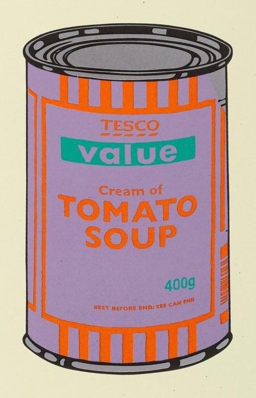 Banksy, Soup Can, 2005, screenprint, violet, orange and mint: a Tesco Value cream of tomato soup can, after Warhol's Campbell's Soup