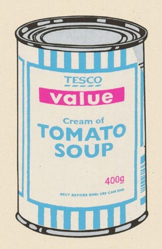 Banksy, Soup Can, 2005, screenprint, white, blue and hot pink: a Tesco Value cream of tomato soup can, after Warhol's Campbell's Soup