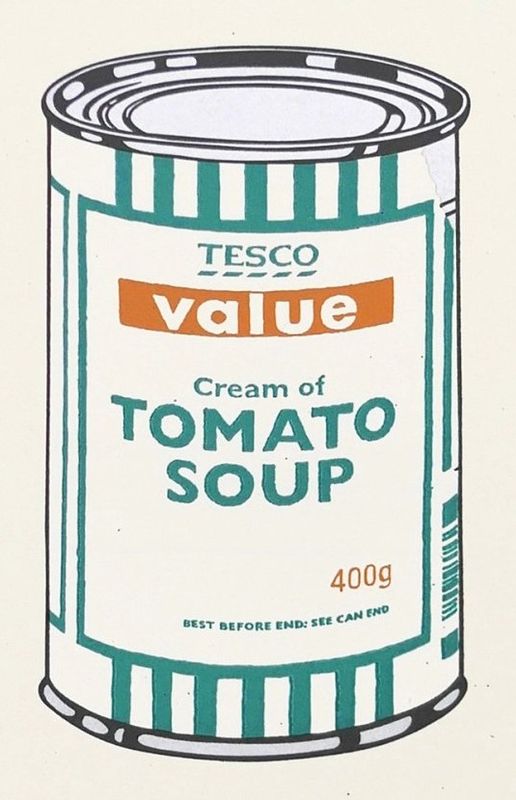 Banksy, Soup Can, 2005, screenprint, white, emerald and tan: a Tesco Value cream of tomato soup can, after Warhol's Campbell's Soup