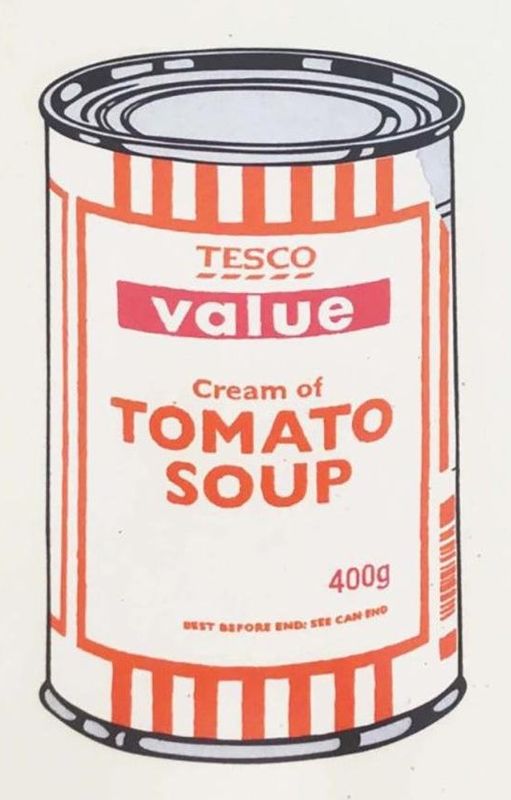 Banksy, Soup Can, 2005, screenprint, white, orange and raspberry: a Tesco Value cream of tomato soup can, after Warhol's Campbell's Soup