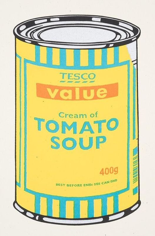 Banksy, Soup Can, 2005, screenprint, yellow, blue and tan: a Tesco Value cream of tomato soup can, after Warhol's Campbell's Soup