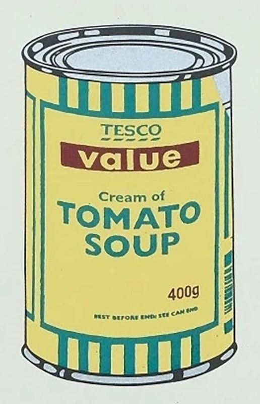 Banksy, Soup Can, 2005, screenprint, yellow, emerald and brown: a Tesco Value cream of tomato soup can, after Warhol's Campbell's Soup