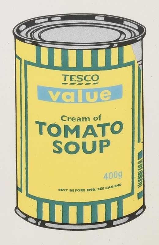 Banksy, Soup Can, 2005, screenprint, yellow, emerald and sky blue: a Tesco Value cream of tomato soup can, after Warhol's Campbell's Soup